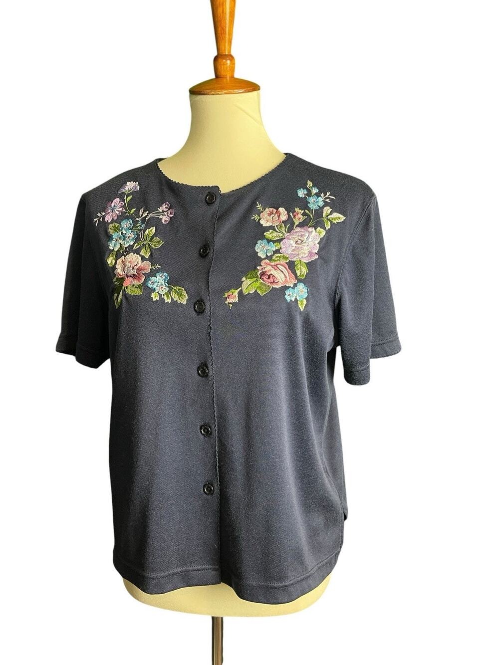 BonWorth Embroidered Blue Floral Cardigan Cottagecore Womens S Button Up Sweater